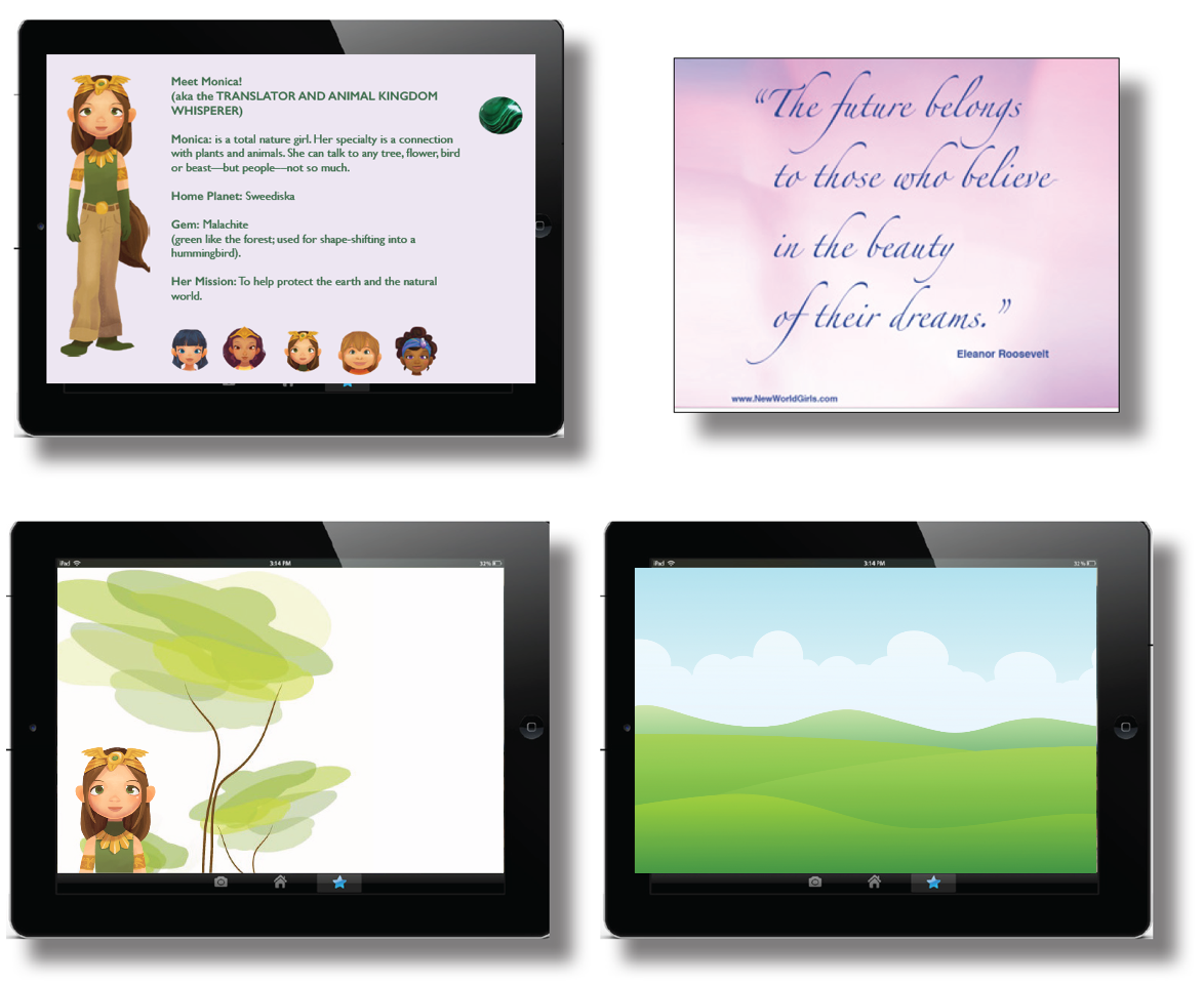 New World Girls Monica character, affirmation, and updated interactive story screens