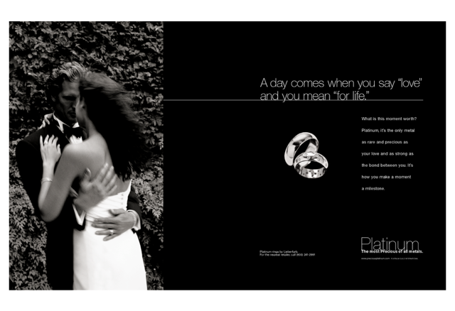 Platinum Guild bridal campaign featuring a wedding portrait and platinum rings