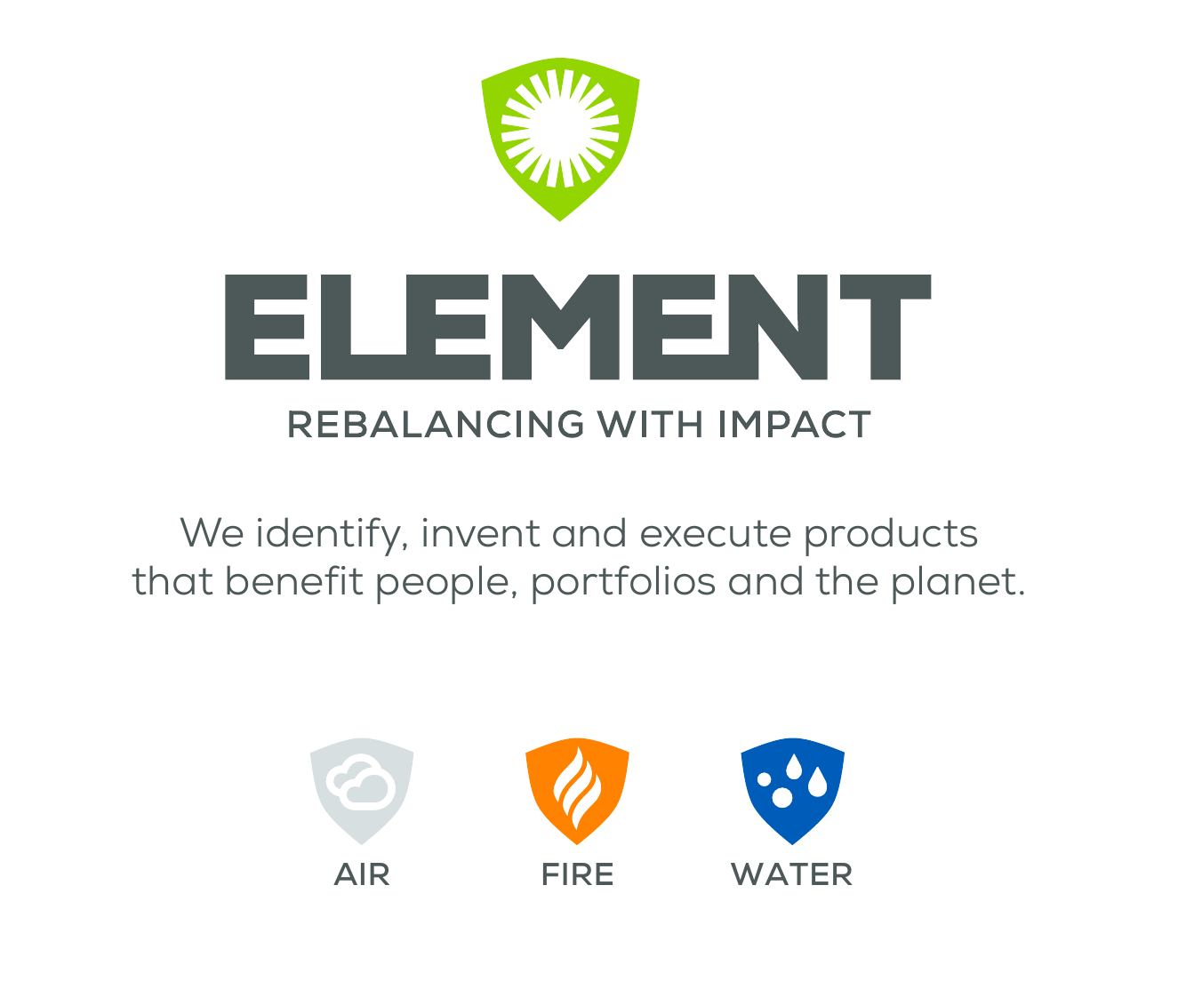 Element identity, Rebalancing With Impact tagline, and air, fire, and water icon system